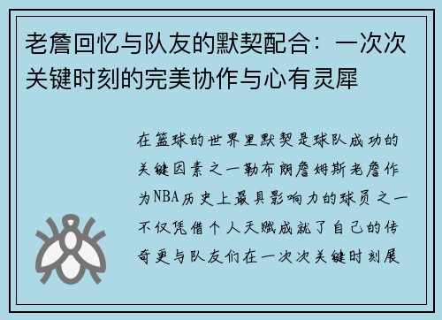 老詹回忆与队友的默契配合：一次次关键时刻的完美协作与心有灵犀